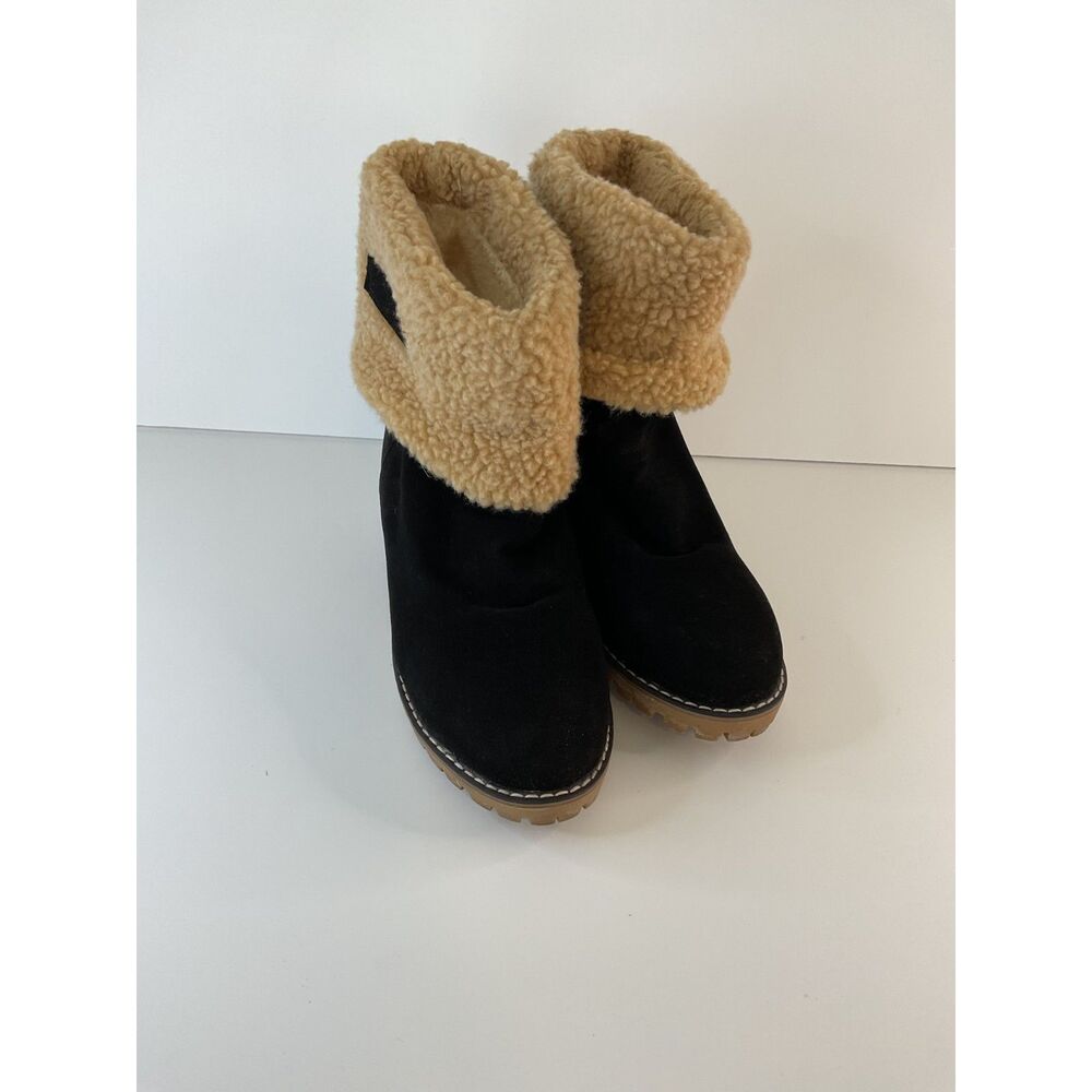 Women’s Faux Suede Ankle Boots Sherpa Lined Fold Over Chunky Heel Size 6.5